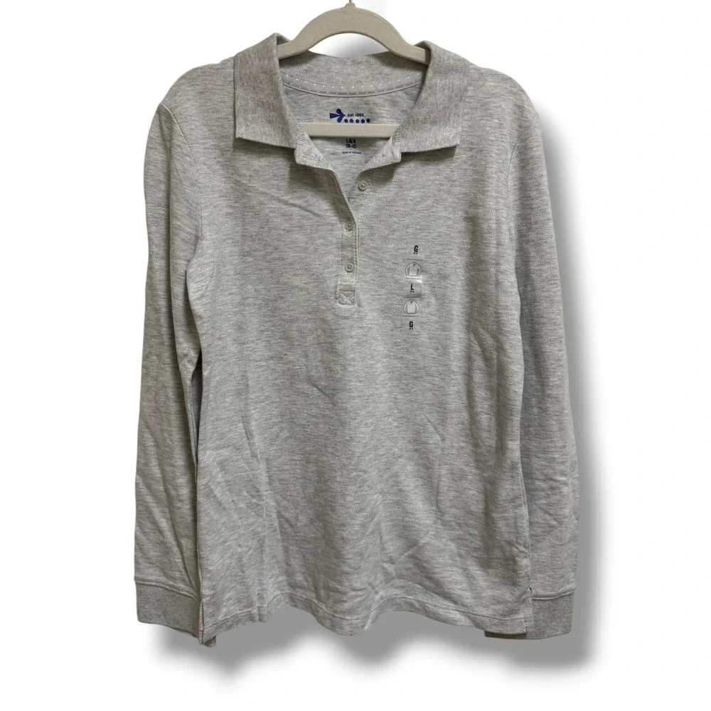 Old Navy Girls Long Sleeve Uniform‎ Polo Shirt Heather Gray Size L 10-12 NEW
